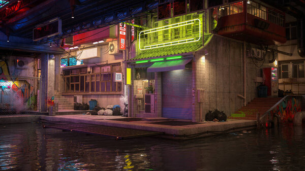 Seedy downtown waterside scene in a dystopian future cyberpunk city. 3D rendering.