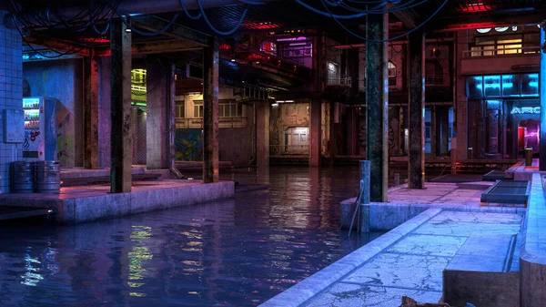 Cyberpunk city dystopian future urban scene by canal. 3D rendering