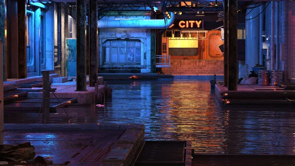 Grungy Cyberpunk Stad Stedelijke Waterfront Filmische Landschap Scène Illustratie — Stockfoto