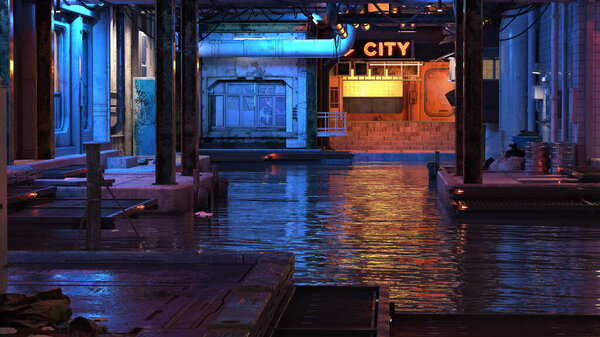 Grungy cyberpunk city urban waterfront cinematic landscape scene. 3D illustration.