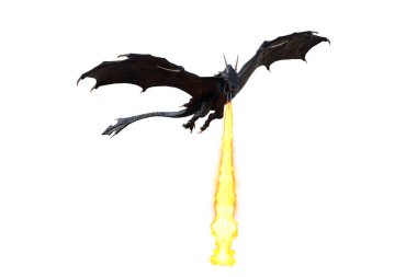 Efsanevi siyah bir ejderhanın 3 boyutlu görüntüsü mü yoksa beyaz arka planda asılı duran Wyvern 'ün ateş püskürmesi mi?.