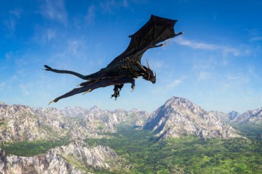 Siyah renkli ejderha ya da Wyvern fantezi yaratığı mavi gökyüzü ile dağlık bir arazinin üzerinde uçuyor. 3B illüstrasyon.