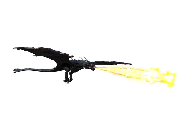 Weergave Van Een Zwart Gekleurde Draak Wyvern Vliegend Ademend Vuur — Stockfoto