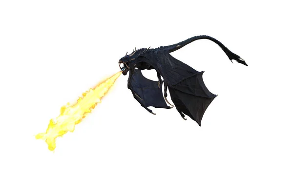 Renderização Dragão Cor Preta Wyvern Swooping Para Baixo Respirar Fogo — Fotografia de Stock