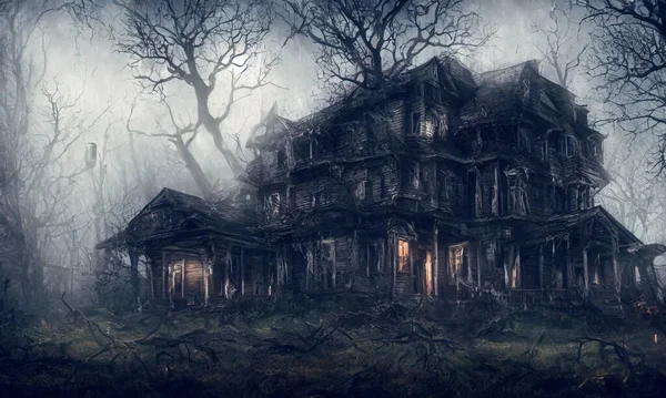 图片说明一个可怕的老万圣节闹鬼的房子在令人毛骨悚然的雾林中的夜晚 — 图库照片