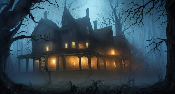Illustrazione Incubo Inquietante Scena Oscura Foresta Con Spettrale Vecchia Casa — Foto Stock