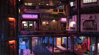 Bir kanal üzerine inşa edilmiş çok katmanlı şehir siber punk şehrinde yağmurlu bir gece. 3B illüstrasyon.