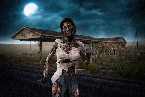 Mujer Zombie Horrorosa Con Ropa Rasgada Cubierta Sangre Frente Una — Foto de Stock