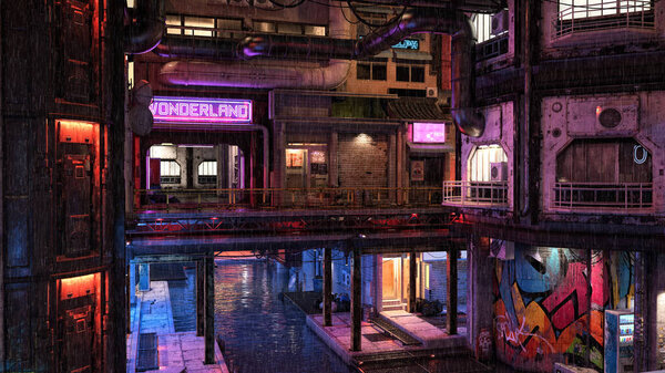 Rainy night in a futuristic multi level urban cyberpunk city environment built over a canal. 3D illustration.