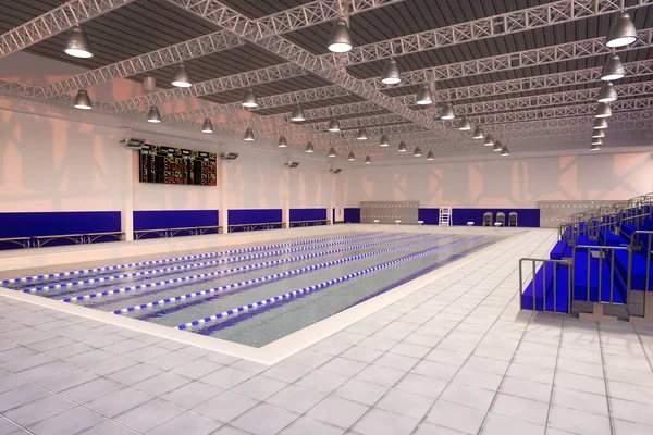 Indoor competition swimming pool viewed from the corner. 3D rendering.