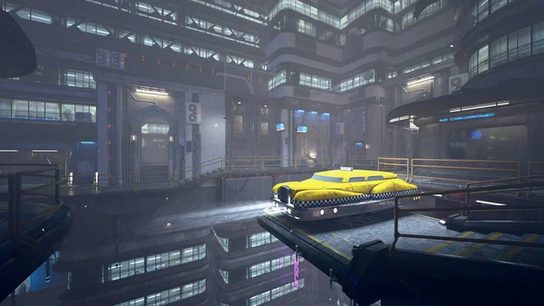 Futuristic cyberpunk yellow flying taxi cab waiting for passngers in a dystopian city on a foggy night. 3D illustration.