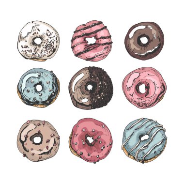 Donutlar, çizimler, dekorasyon, krema, toz, çikolata, arka planda parlak vektör çizimleri.