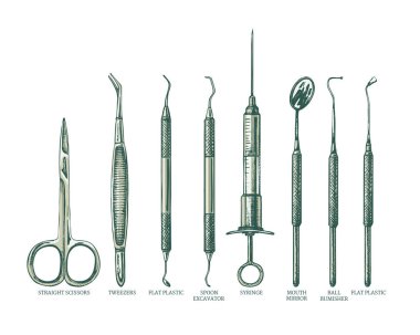 Profesyonel diş aletleri, renkli makas, şırınga, spatula, meme uçları, restoratif dişçilik, metal, tıbbi ekipman aynası, Ball BUMISHER, düz plastik, doktor için vektör seti