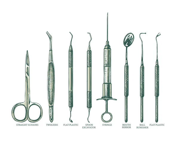 Profesyonel diş aletleri, renkli makas, şırınga, spatula, meme uçları, restoratif dişçilik, metal, tıbbi ekipman aynası, Ball BUMISHER, düz plastik, doktor için vektör seti