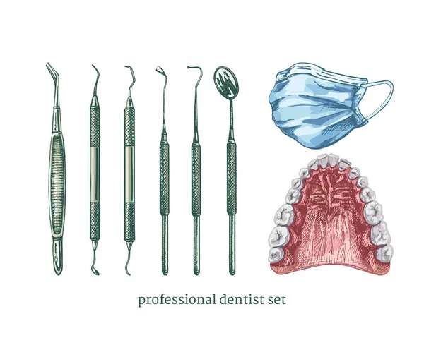 Conjunto Instrumentos Profissionais Para Tratamento Odontológico Restauração Dentária Máscara Industrial —  Vetores de Stock