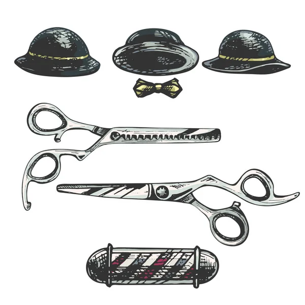 Barber Shop Set Color Illustrations Scissors Hat Butterfly Barbershop Set — Stock Vector