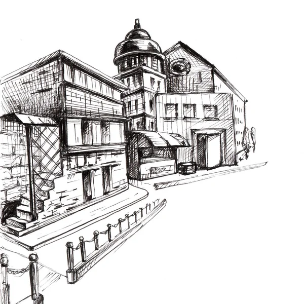 Sketch Street House Quick Drawing Black Pen White Background Sketch — Stock Photo, Image