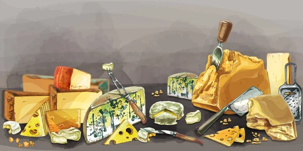 497 _ CheESE, farklı çeşitleri sert, yumuşak, farklı peynir türleri, kesim, el çizimi grafikler, set, arkaplan, çok renkli, doğal
