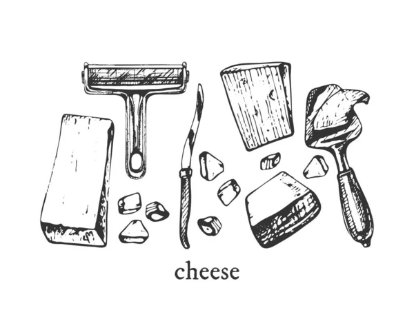 491 _ Cheese KniFE Peyniri, dilimler, kesim, peynir bıçakları, beyaz arkaplanda grafik çizimi