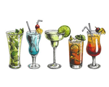 476 _ kokteyl mojito, mavi lagün, margarita, Küba libre, plajda seks, beş kokteyl seti, cam bardakta içilen içkilerin grafiksel görüntüsü, renkli çizimler, alkol