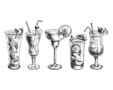 472 _ kokteyl mojito, mavi lagün, margarita, Küba libre, plajda seks, beş kokteyl seti, cam bardakta içki çizimi