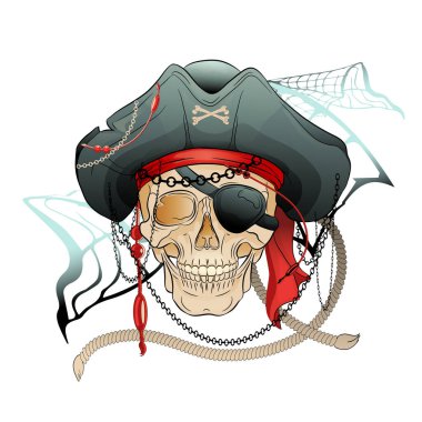 451 _ korsan kafatası, kemikler, papağan korsan kafatası zincir ve ip süslemeli şapka, vektör amblemi