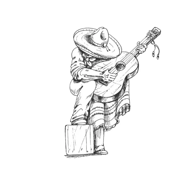 447_Man Guitar Mexican Mexican Man Guitar Sombrero Poncho Graphic Illustration — Stock Vector