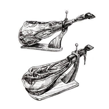 İspanyol jamonu, geleneksel kurutulmuş et, domuz eti, jambon, ahşap kesim standı, renkli, eski tarz, çiftlik eti ürünü, İspanyol jamonu, Iberico, Serrano, jambon, set.