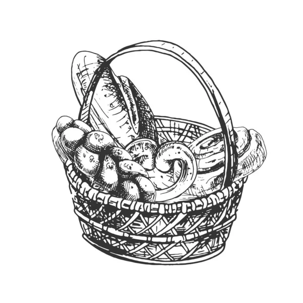 393_Bread Basket Bun Bread Loaf Basket Bread Products Hand Drawing — Vetor de Stock