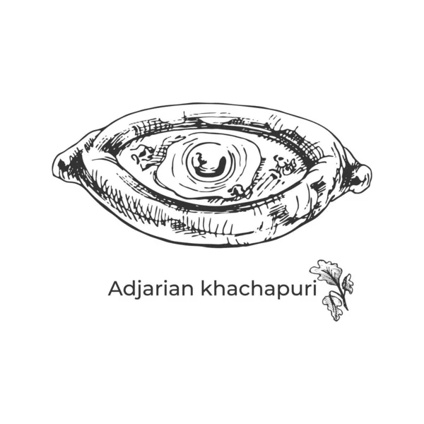 392 _ Adjarian khachapuri _ Geleneksel Gürcü mutfağının menü tasarımı için et ve baharat taslağı, Khachapuri 'nin elle çizilmiş çizimi, adjarian yassı ekmek, baharatlar, kişniş, sarımsak,