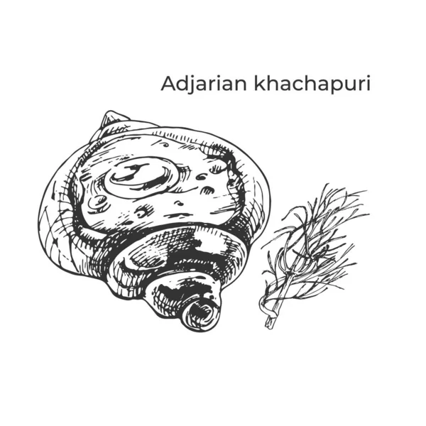 391 _ Adjarian khachapuri _ Geleneksel Gürcü mutfağının menü tasarımı için çizimi, el çizimi khachapuri, adjarian düz ekmek, baharat, dereotu, sarımsak,