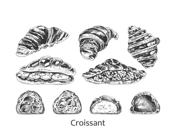 373 Croissant Croissant Set Vettoriale Pasta Francese Cartello Forno Dolce — Vettoriale Stock