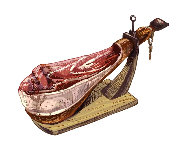 358_Jamonスペインのジャモン 伝統的なジャーキー ポークジャーキー ハムスケッチ 木製のチョッピングスタンド カラフルでヴィンテージスタイル 農場の肉製品 スペインのジャモン イベリコ セラノ — ストックベクタ