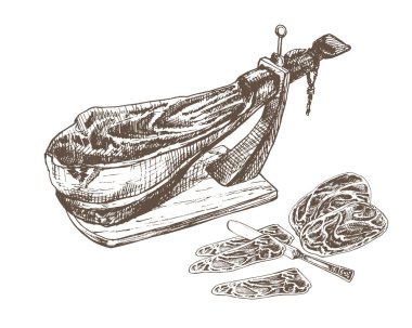 344 _ jamon İspanyol jamonu, geleneksel kurutulmuş domuz eti, kurutulmuş domuz eti, jambon çizimi, ahşap kesim standı, oyma, eski tarz, çiftlik eti ürünü, İspanyol jamonu, Iberico, Serrano