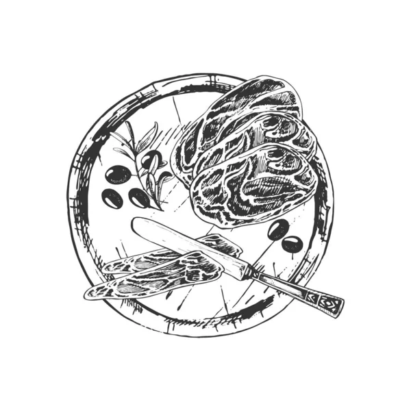 349 _ prosciutto _ spoon, fork, knife _ zeytin _ ekmek İspanyol jambonu, İtalyan jambonu, Parma jambonu, bir tabak kurutulmuş et, skeç, doğal geleneksel çiftlik ürünü, zeytin, bıçak, restoran seti,