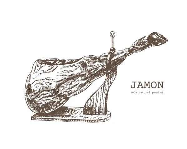 343 _ jamon İspanyol jamonu, geleneksel kurutulmuş domuz eti, kurutulmuş domuz eti, jambon çizimi, ahşap kesim standı, oyma, eski tarz, çiftlik eti ürünü, İspanyol jamonu, Iberico, Serrano