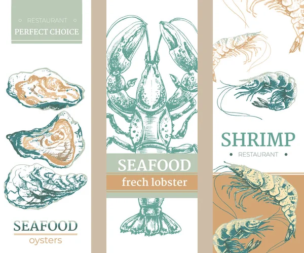 321_Oyster_Lobster_Shrimp Three Background Designs Seafood Oyster Lobster Shrimp Ocean Dwellers — Stock Vector