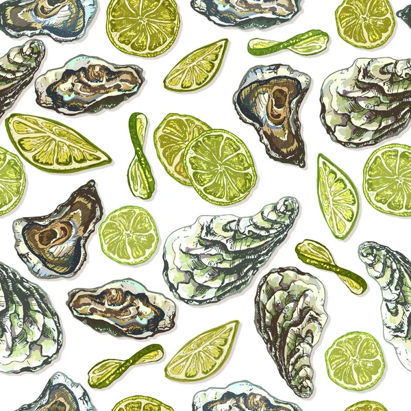 311_oyster oysters and shells, lemon, lime, seafood seamless pattern, detailed drawing of baby fish on white background