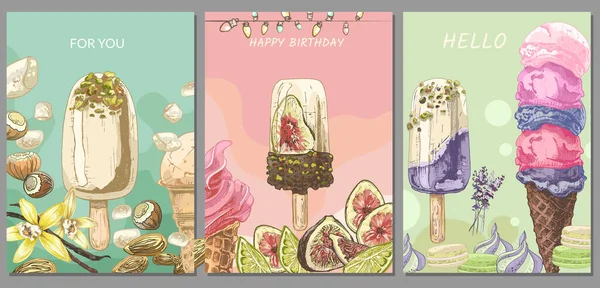 294_ice cream, waffle cup, cone_ice cream with fruits and nuts three backgrounds with ice cream, postcard design, fruits, popsicle, nuts, spices