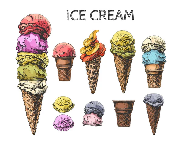287_ice cream, waffle cup, cone_waffle cone, ice cream, ball_ice cream balls ice cream set, ice cream ball, waffle cone, color vector illustration, graphic vector hand drawing, sketch