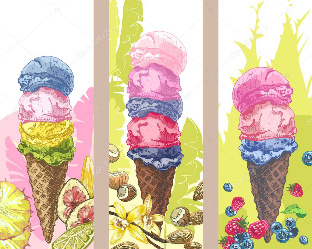 291_ice cream, waffle cup, cone_waffle cone, ice cream, ball ice cream, background set, important cone, fruits, spices, nuts, different flavors