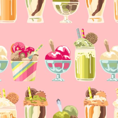 Kavanozda kremalı tatlı ve cam dondurma, kokteyl, pembe arka planda tatlılar, pürüzsüz desen.