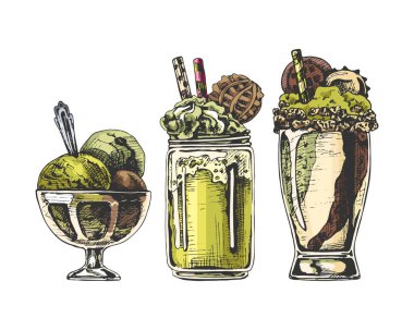 Bir kavanozda 238 _ kremalı tatlı ve cam üç tatlı, şam fıstıklı dondurma, yeşil toplar, çikolata, kurabiye, bardak, dondurma kasesi, bardak, içecek, süt, krema, beyaz arka planda, el çizimi, siyah çizim,