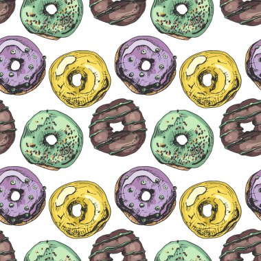 229 _ Donut, desen deseni, dekorasyon, krema, toz, çikolata, parlak vektör çizimleri, pürüzsüz desen, beyaz arkaplan