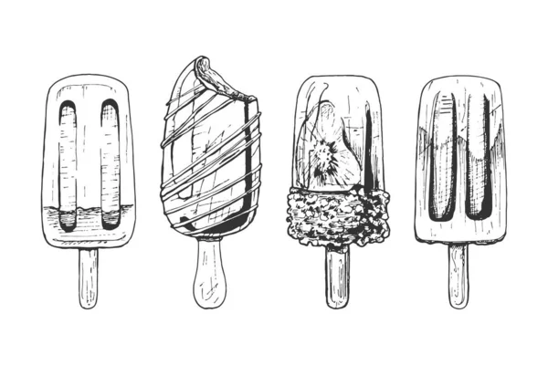 257_ice cream, popsicle_ice cream with fruits and nuts popsicle set, ice cream of different shapes and flavors, sketch, graphics, black and white