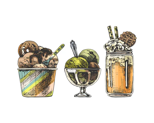 253_creamy dessert in a jar and glass ice cream, a set of desserts, graphics, white background, color illustrations of cold balls in different dishes, glass, paper, bowl