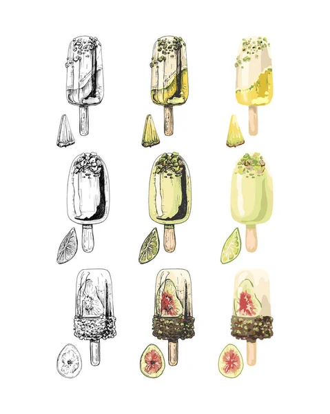 250_Ice Cream Fruits Nuts Set Popsicles Pineapple Slice Figs Lime — стоковый вектор