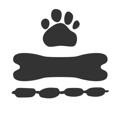 164 _ pet tabela seti, köpek pençesi izi, kemik, sosis, beyaz arka planda siyah siluet, basit vektör simgesi, veteriner kliniği tasarımı, hayvan sitesi