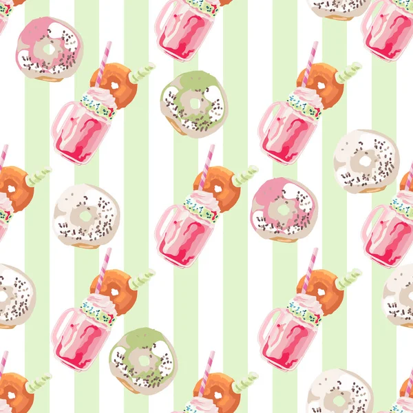 219_FreakShake_donuts FreakShake, milkshake, dessert with donuts, straw, pink jar, berry sauce, colorful drawing, pink, green, white, sweet, seamless, pattern,