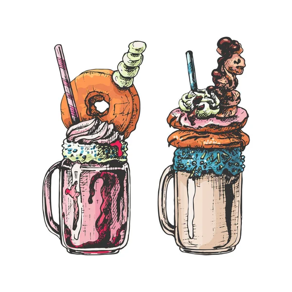 218_FreakShake FreakShake, milkshake, dessert, a set of two drinks, sweets, donuts rolls, caramel, chocolate, cream, bright graphic drawing by hands on a white background